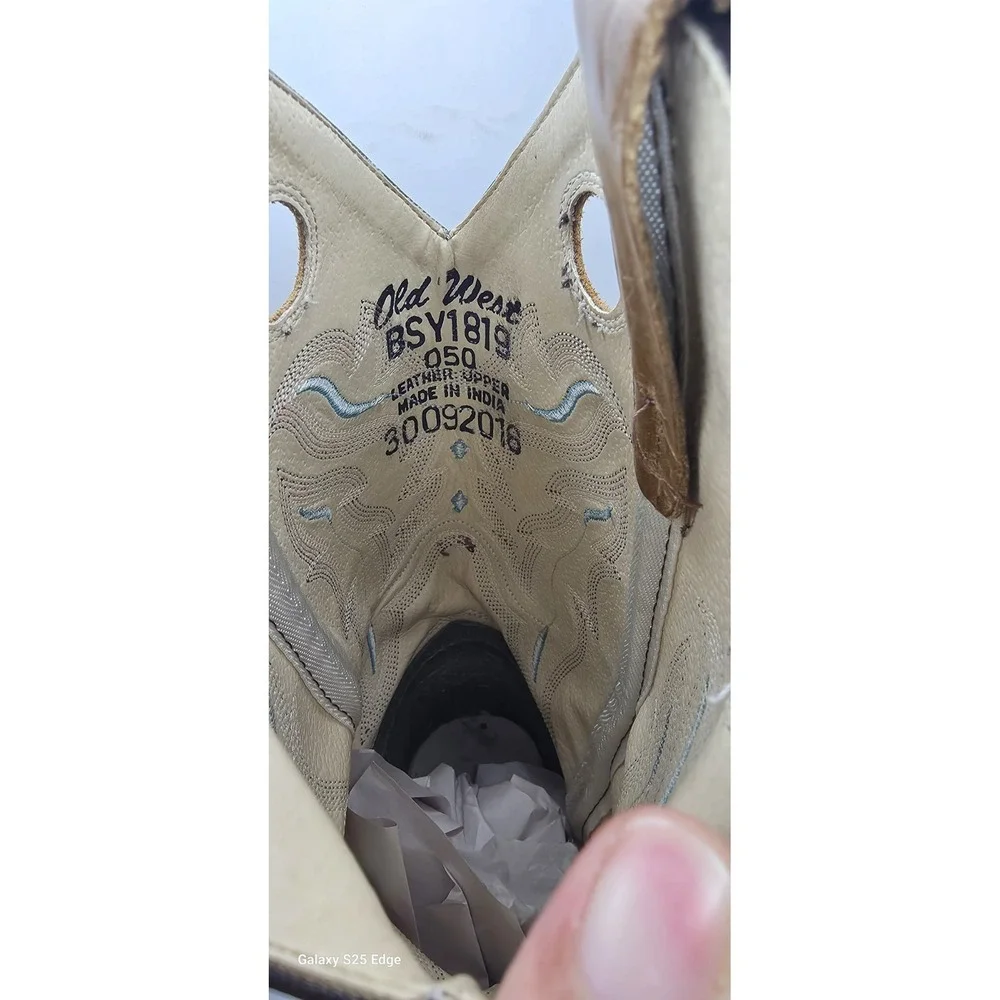 Old West Kids Size 5Y Western Cowboy Boots Tan Leather Square Toe